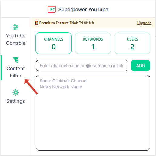Superpower YouTube Extension Content Filter Panel Screenshot