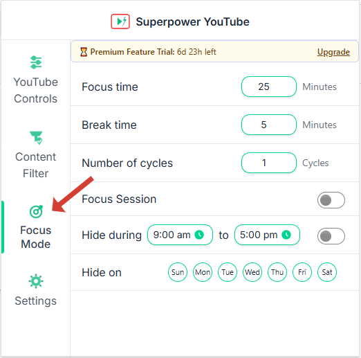 Superpower YouTube Extension Focus Mode panel screenshot