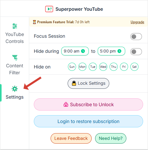 Superpower YouTube Extension Settings Panel Screenshot